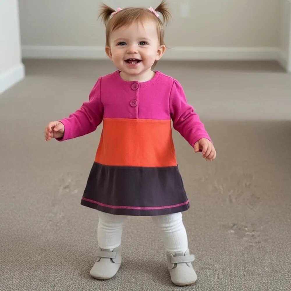 Baby Gap Pink, Orange, Brown Colourblock Long Sleeve Dress 18-24 Months